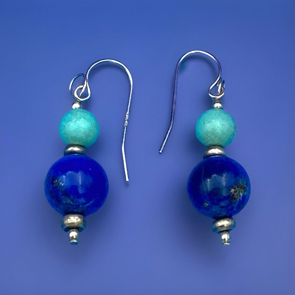 Vintage Round Lapis Lazuli & Turquoise Beaded Sterling Silver 925 Hook Earrings